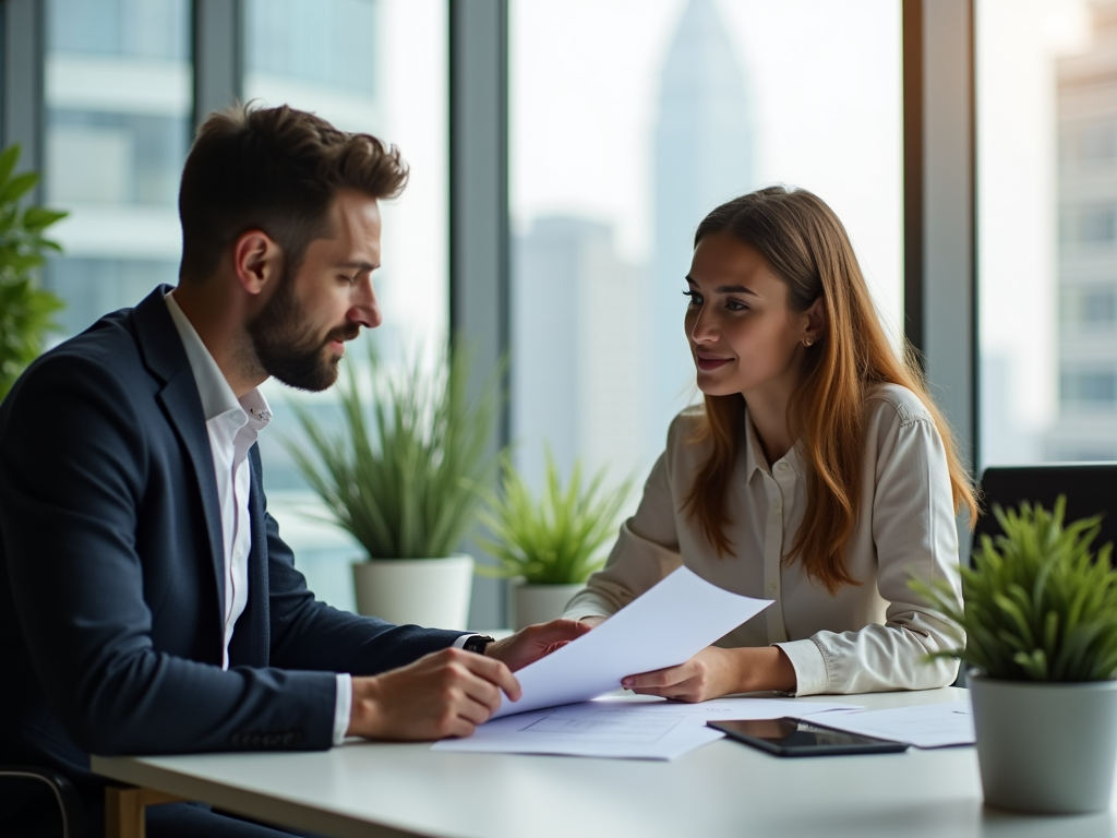 Man and woman discussing documents at office table with city view in background.