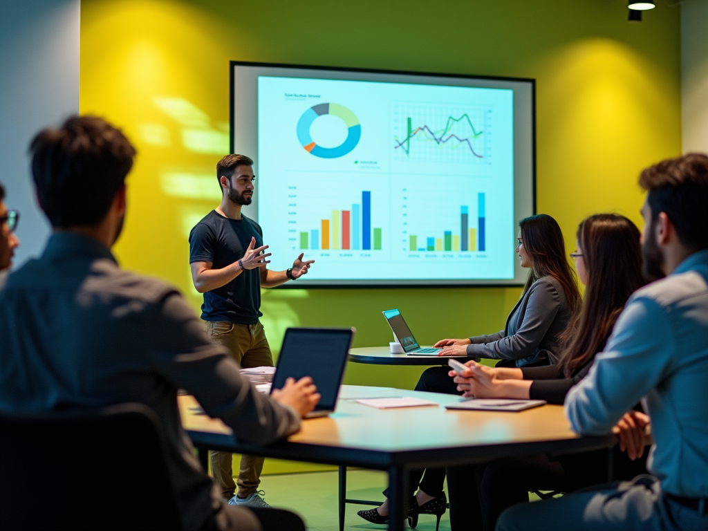 Man presenting data charts on screen to attentive colleagues in a modern office meeting room.