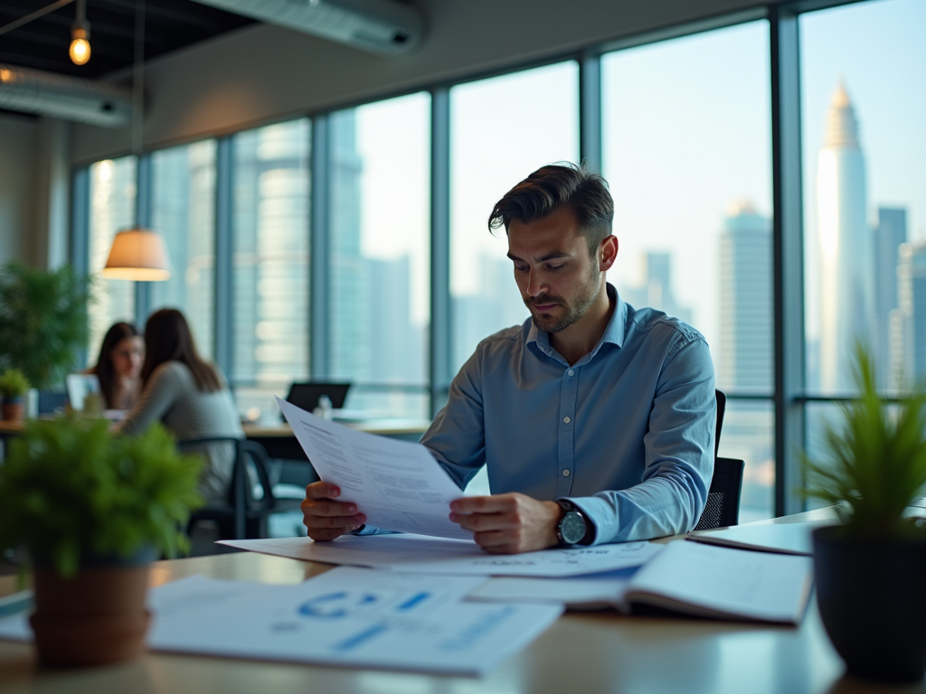 Man in business attire reviewing documents in a modern office with city skyline in the background.