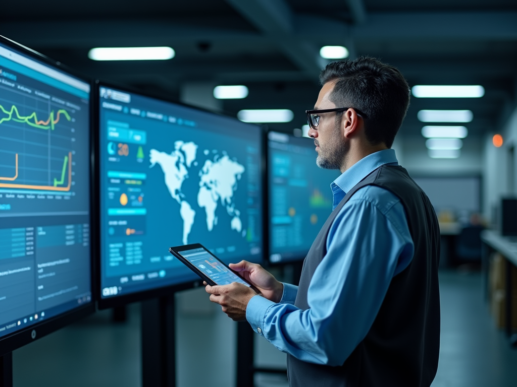 Man in glasses monitoring global data from digital screens while using a tablet in a high-tech office.