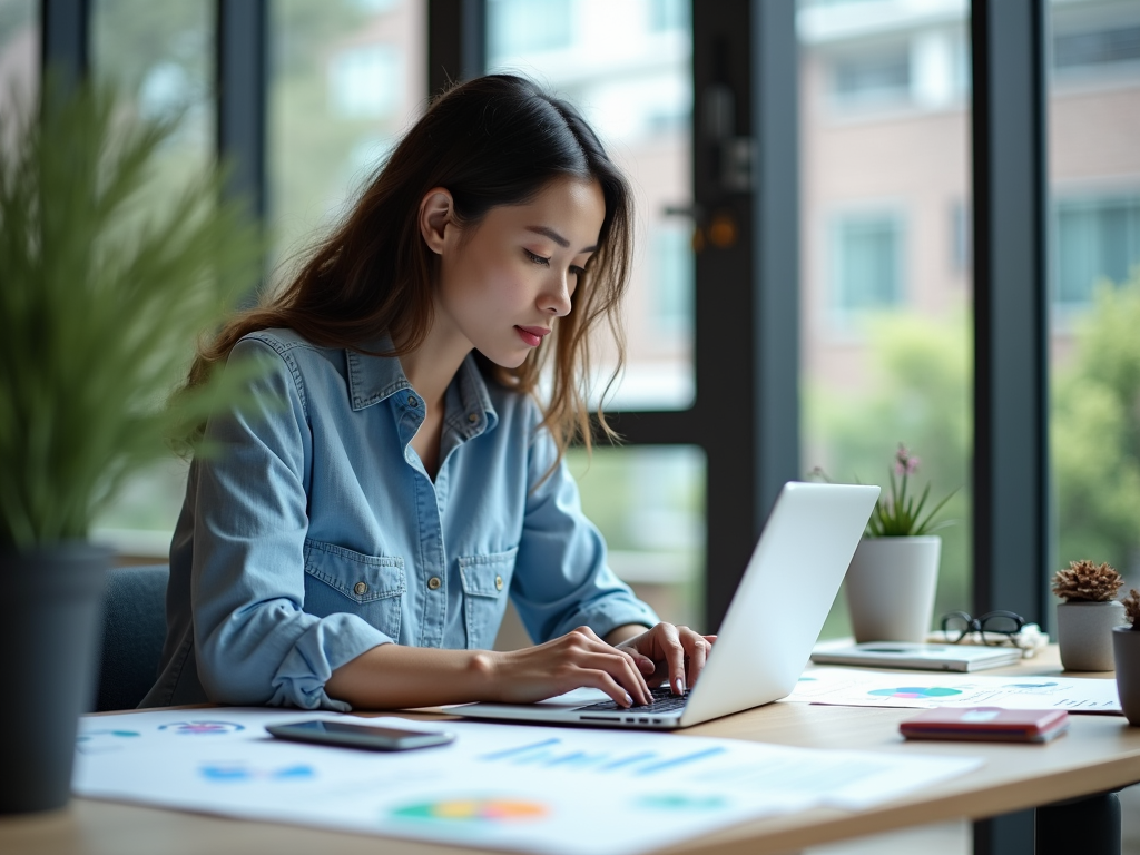 A young woman in a denim shirt works intently on a laptop at a desk with charts and plants surrounding her.