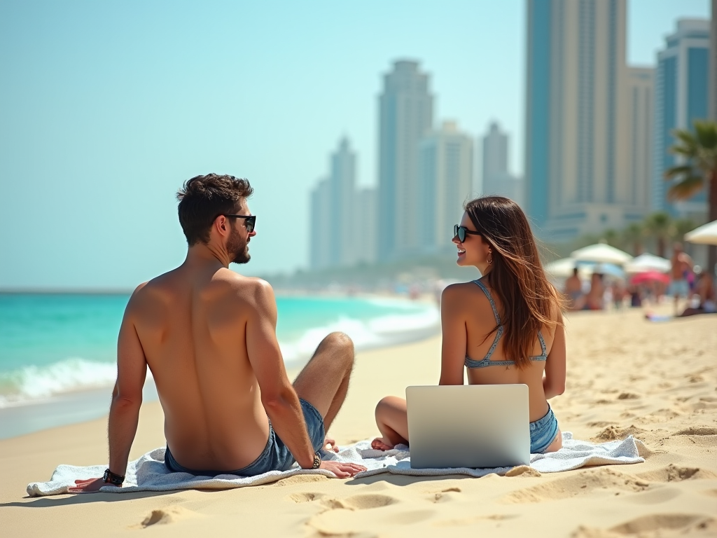 A man and a woman with a laptop sitting on a beach towel, facing a city skyline by the sea.