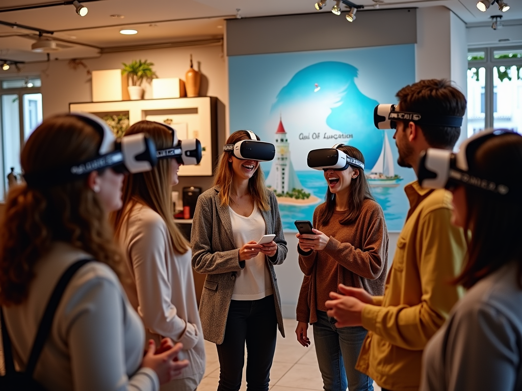 A group of people wearing VR headsets engage and smile in an interactive tech space showcasing scenic art.