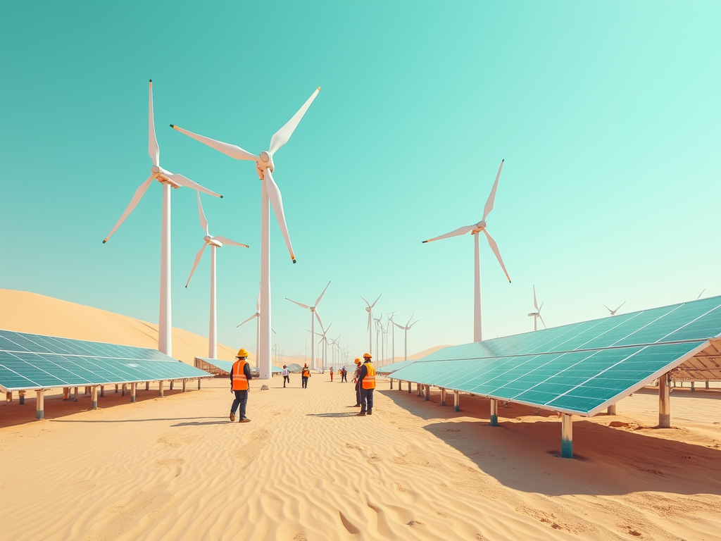 Workers in safety gear inspect solar panels near wind turbines in a sandy landscape under a clear blue sky.